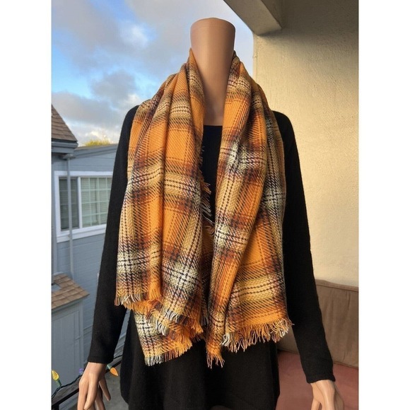 Over sized Square Warm Cozy Scarf Tartan Mustard Plaid 53"x53" - Picture 1 of 6
